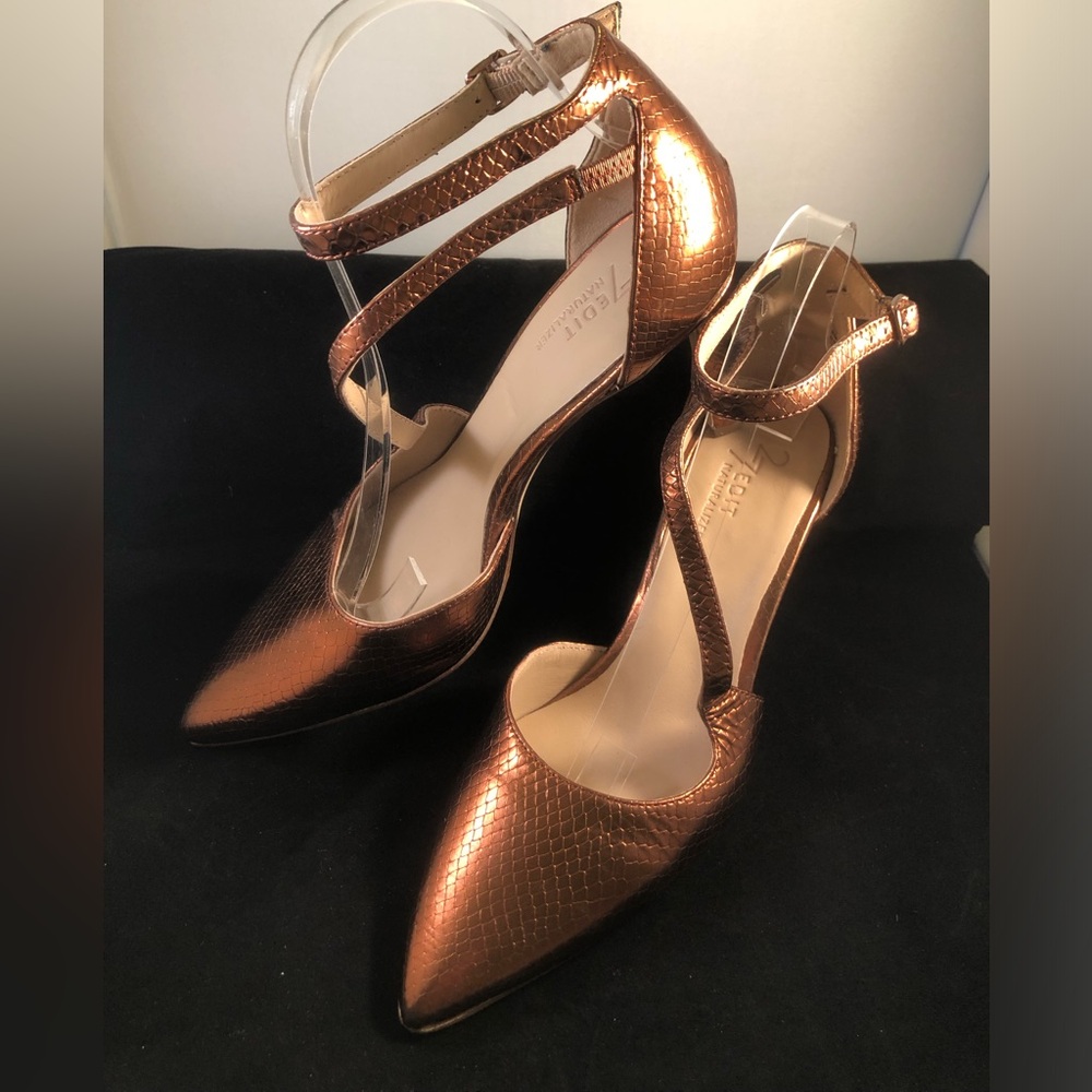 27 EDIT Copper Metallic Pointed-Toe Ankle-Strap Heels
